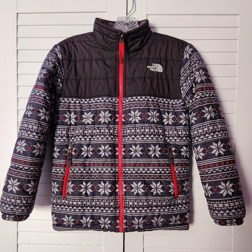 The North Face Black and Red Snowflake Pattern Jacket